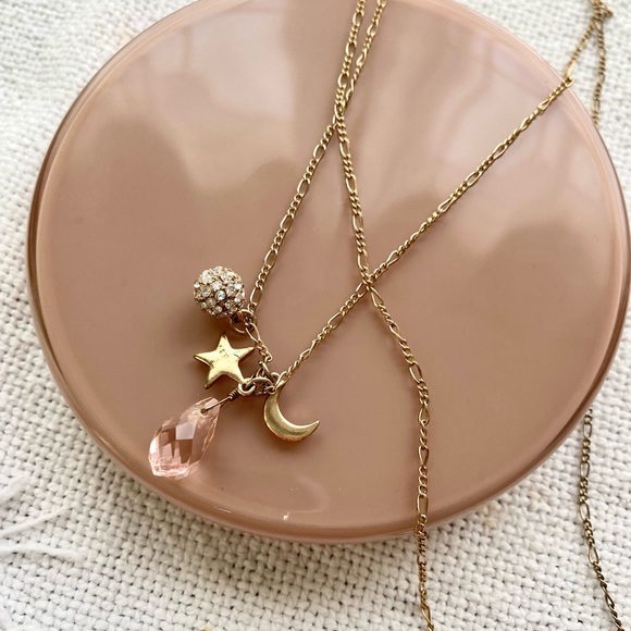 Fashion Jewelry Jewelry - Extra Long Gold Tone Necklace dainty Check w/ Moon & Star Pendant Boho casual